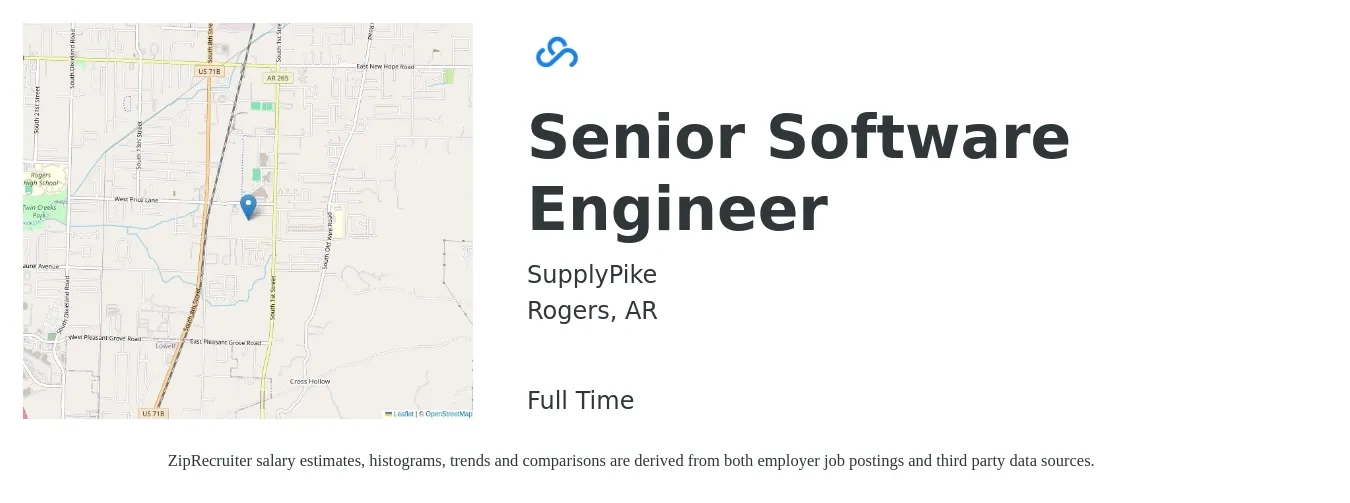 SupplyPike job posting for a Senior Software Engineer in Rogers, AR with a salary of $102,600 to $135,300 Yearly with a map of Rogers location.