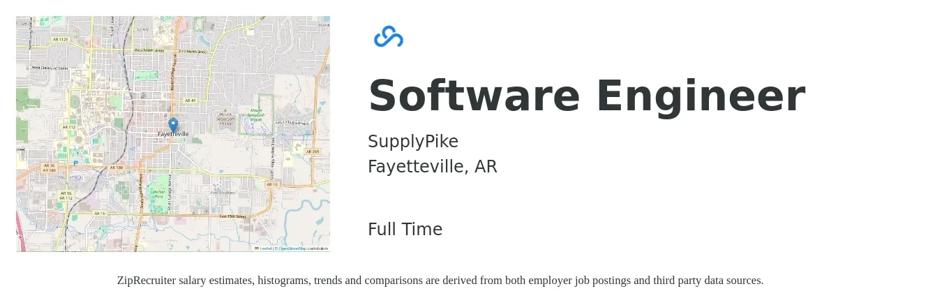 SupplyPike job posting for a Software Engineer in Fayetteville, AR with a salary of $115,000 to $165,800 Yearly with a map of Fayetteville location.