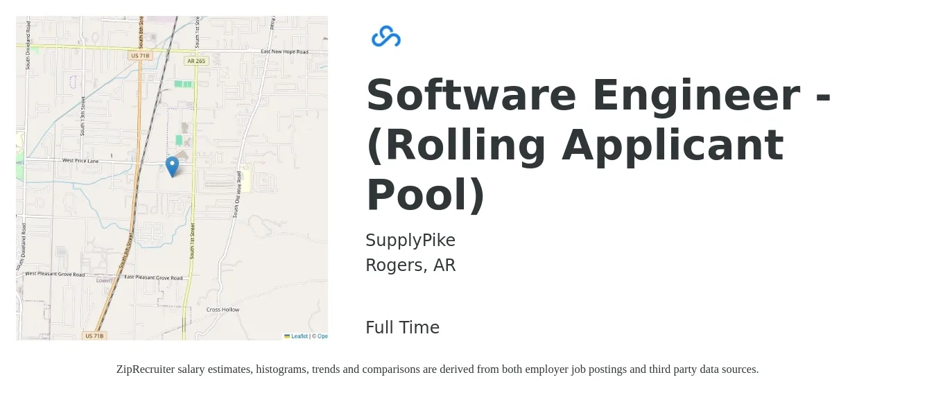 SupplyPike job posting for a Software Engineer - (Rolling Applicant Pool) in Rogers, AR with a salary of $100,600 to $145,000 Yearly with a map of Rogers location.