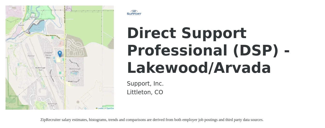 Support, Inc. job posting for a Direct Support Professional (DSP) - Lakewood/Arvada in Littleton, CO with a salary of $18 Hourly with a map of Littleton location.