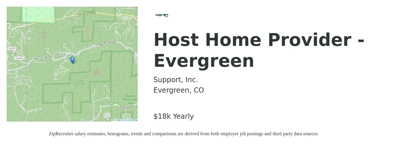 Support, Inc. job posting for a Host Home Provider - Evergreen in Evergreen, CO with a salary of $18,000 to $65,000 Yearly with a map of Evergreen location.