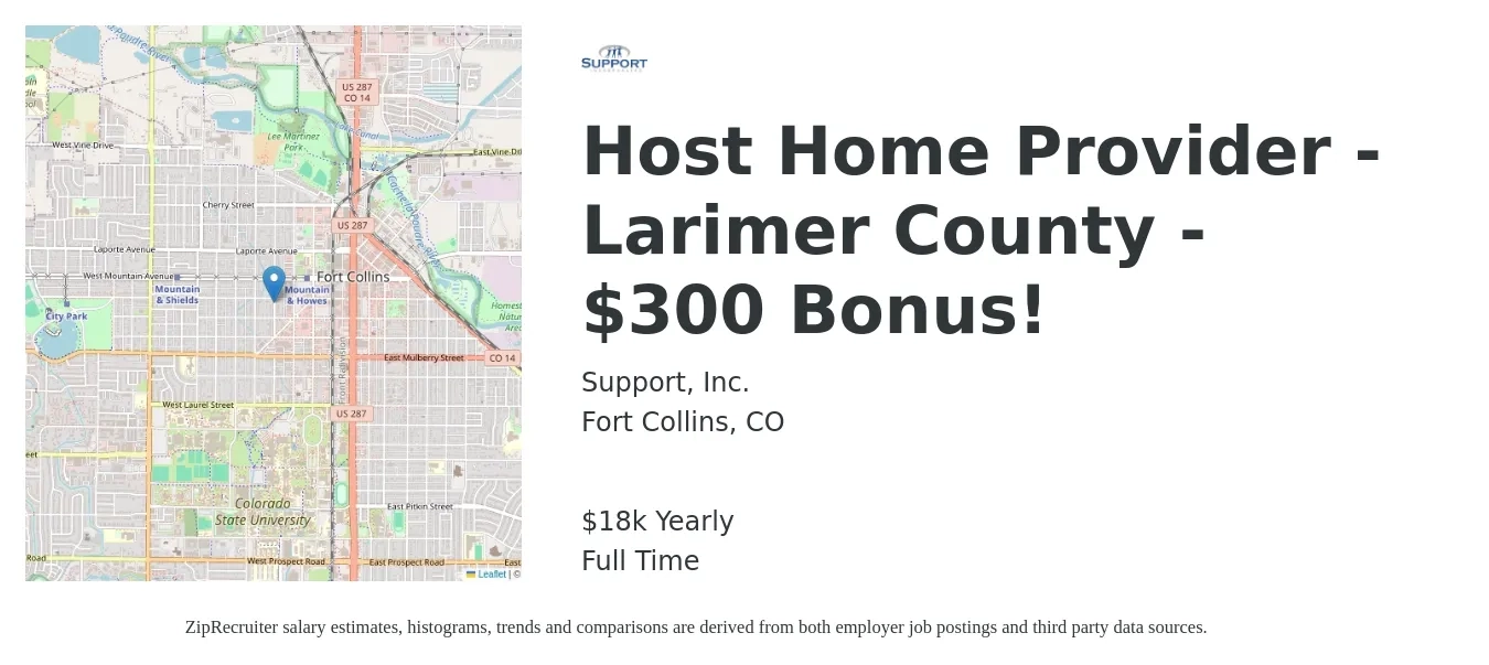 Support, Inc. job posting for a Host Home Provider - Larimer County - $300 Bonus! in Fort Collins, CO with a salary of $18,000 to $65,000 Yearly with a map of Fort Collins location.