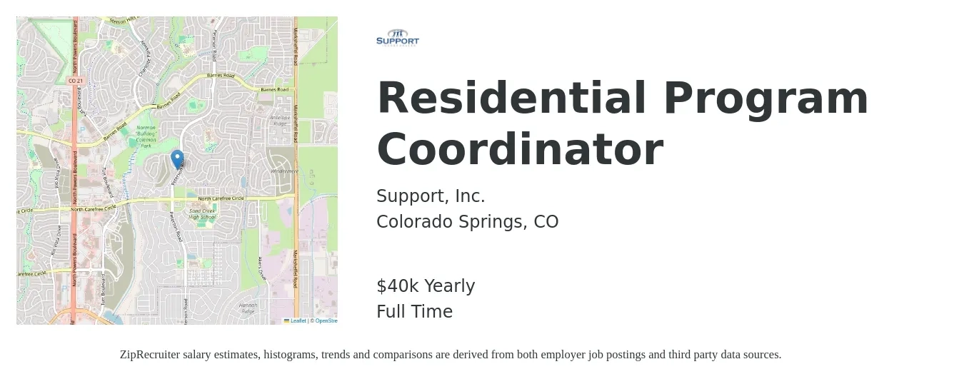 Support, Inc. job posting for a Residential Program Coordinator in Colorado Springs, CO with a salary of $40,000 Yearly with a map of Colorado Springs location.