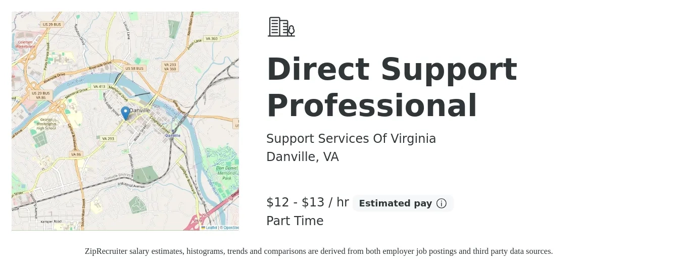 Support Services Of Virginia job posting for a Direct Support Professional in Danville, VA with a salary of $14 to $14 Hourly with a map of Danville location.