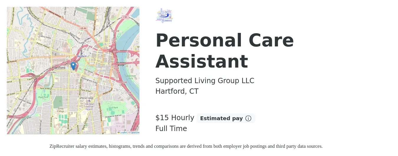 Supported Living Group LLC job posting for a Personal Care Assistant in Hartford, CT with a salary of $16 Hourly with a map of Hartford location.
