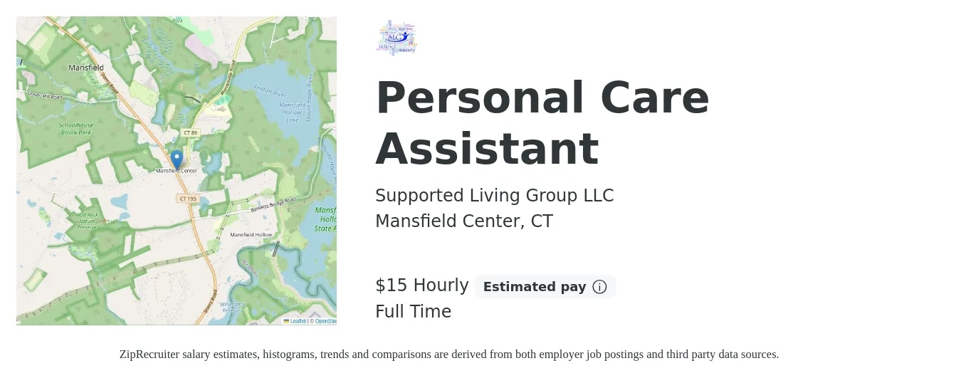 Supported Living Group LLC job posting for a Personal Care Assistant in Mansfield Center, CT with a salary of $16 Hourly with a map of Mansfield Center location.