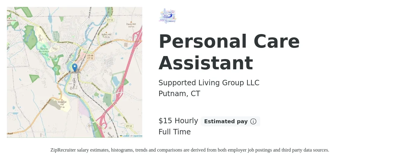 Supported Living Group LLC job posting for a Personal Care Assistant in Putnam, CT with a salary of $16 Hourly with a map of Putnam location.