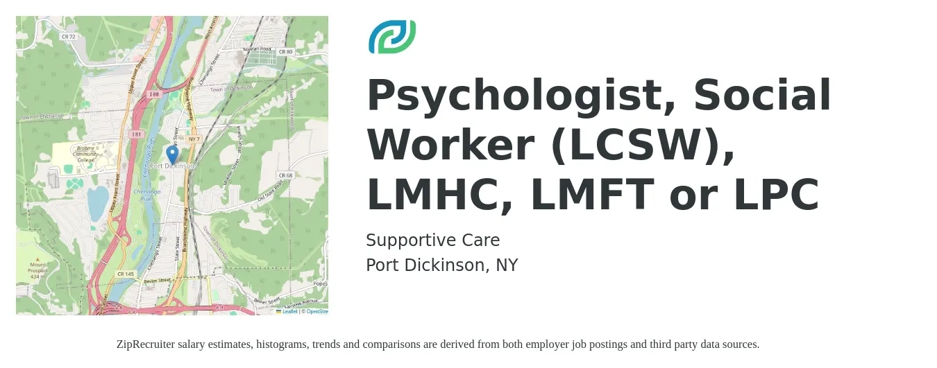 Supportive Care job posting for a Psychologist, Social Worker (LCSW), LMHC, LMFT or LPC in Port Dickinson, NY with a salary of $300 to $700 Daily with a map of Port Dickinson location.