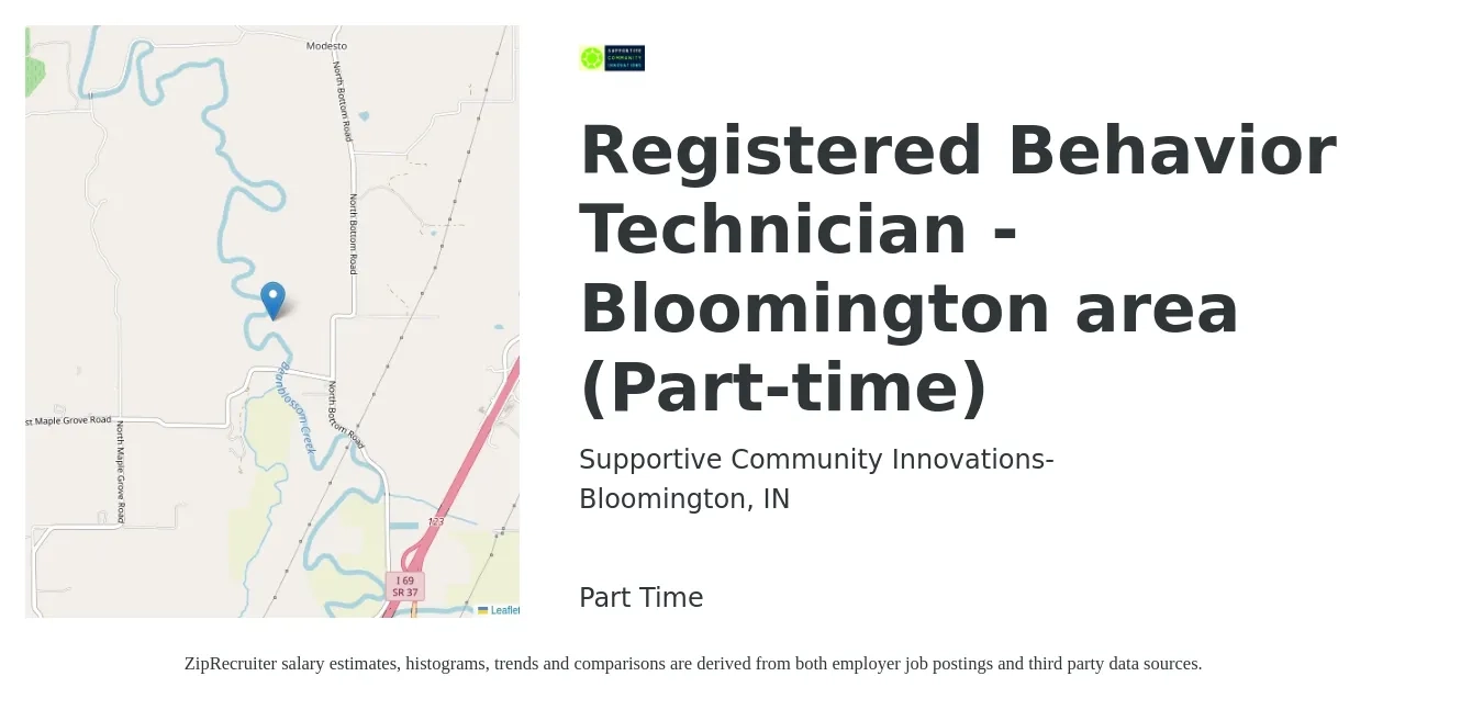 Supportive Community Innovations- job posting for a Registered Behavior Technician - Bloomington area (Part-time) in Bloomington, IN with a salary of $25 Hourly with a map of Bloomington location.