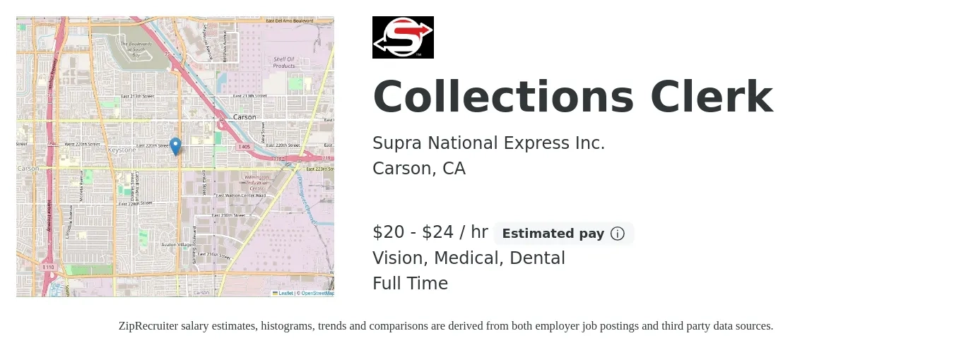 Supra National Express Inc. job posting for a Collections Clerk in Carson, CA with a salary of $21 to $25 Hourly and benefits including medical, retirement, vision, dental, and life_insurance with a map of Carson location.