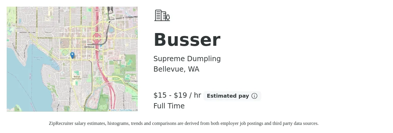 Supreme Dumpling job posting for a Busser in Bellevue, WA with a salary of $16 to $20 Hourly with a map of Bellevue location.