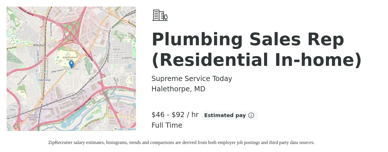 Supreme Service Today job posting for a Plumbing Sales Rep (Residential In-home) in Halethorpe, MD with a salary of $100,000 to $200,000 Yearly with a map of Halethorpe location.