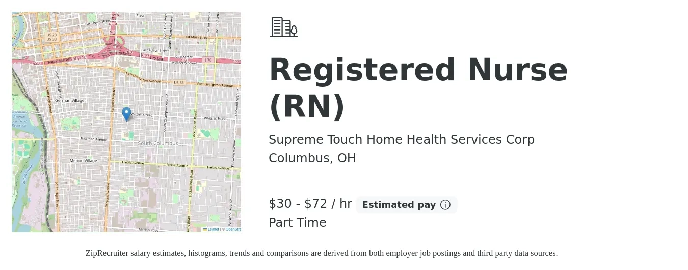 Supreme Touch Home Health Services Corp job posting for a Registered Nurse (RN) in Columbus, OH with a salary of $32 to $75 Hourly with a map of Columbus location.