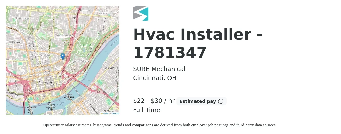 SURE Mechanical job posting for a Hvac Installer - 1781347 in Cincinnati, OH with a salary of $23 to $32 Hourly with a map of Cincinnati location.