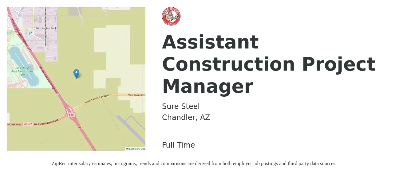 Sure Steel job posting for a Assistant Construction Project Manager in Chandler, AZ with a salary of $52,700 to $86,700 Yearly with a map of Chandler location.
