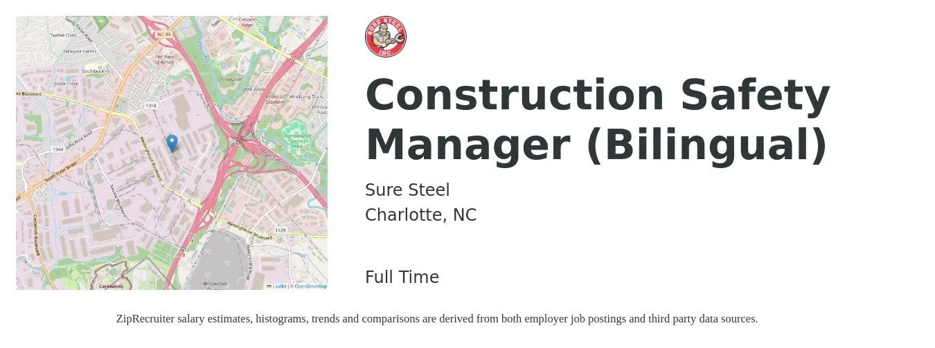 Sure Steel job posting for a Construction Safety Manager (Bilingual) in Charlotte, NC with a salary of $72,800 to $97,700 Yearly with a map of Charlotte location.
