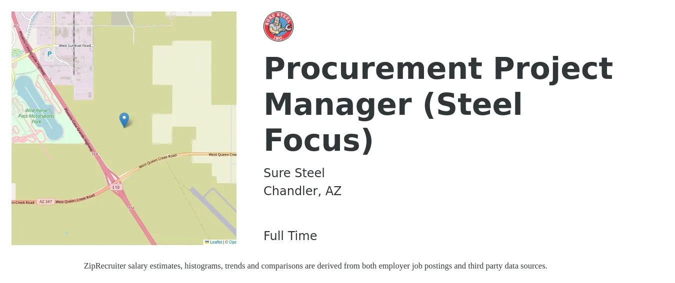 Sure Steel job posting for a Procurement Project Manager (Steel Focus) in Chandler, AZ with a salary of $72,900 to $112,300 Yearly with a map of Chandler location.