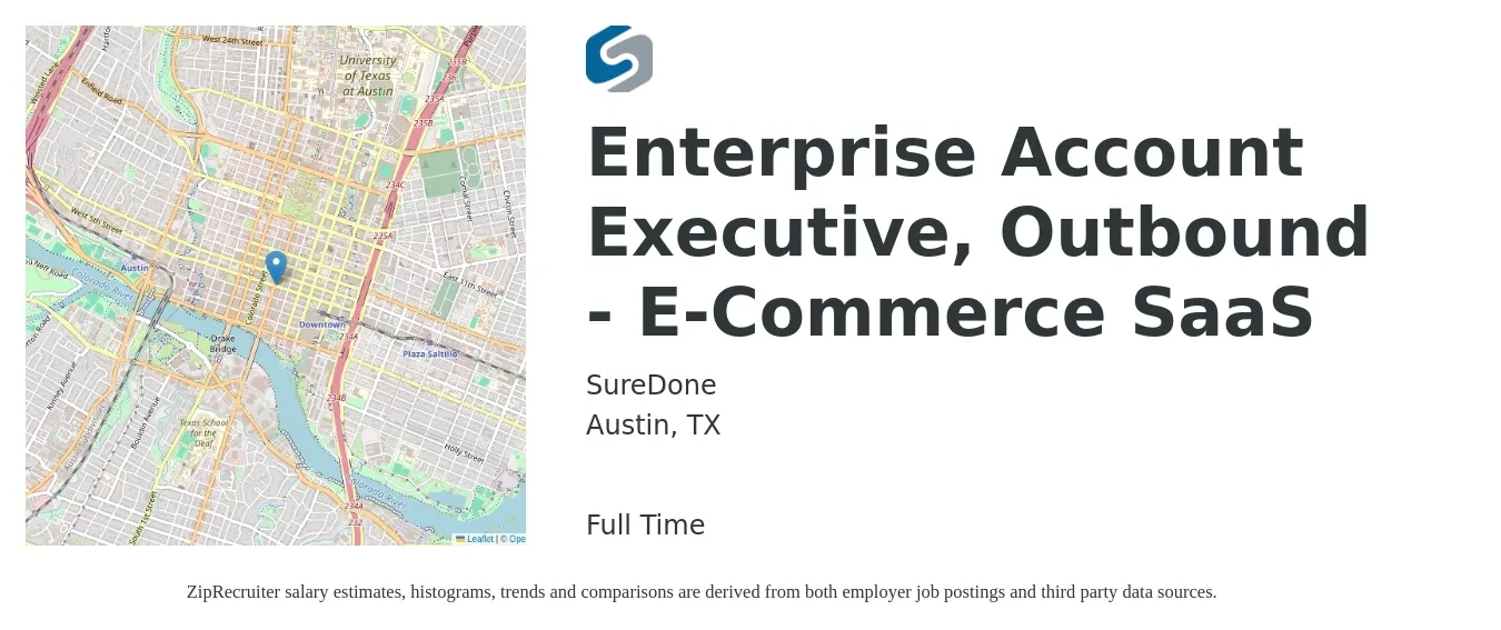 SureDone job posting for a Enterprise Account Executive, Outbound - E-Commerce SaaS in Austin, TX with a salary of $5,000 Monthly with a map of Austin location.