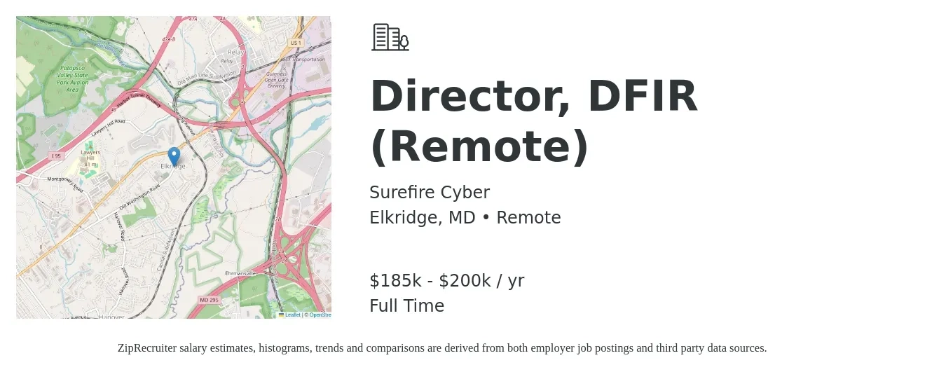 Surefire Cyber job posting for a Director, DFIR (Remote) in Elkridge, MD with a salary of $185,000 to $200,000 Yearly with a map of Elkridge location.