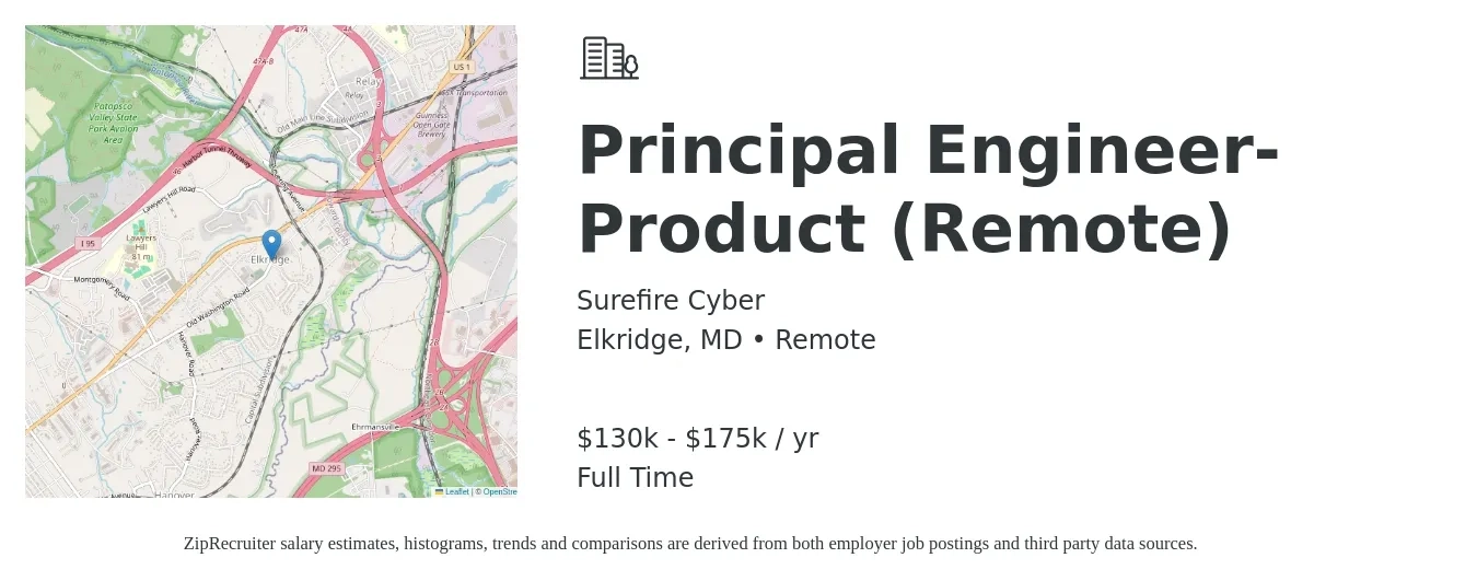 Surefire Cyber job posting for a Principal Engineer-Product (Remote) in Elkridge, MD with a salary of $130,000 to $175,000 Yearly with a map of Elkridge location.