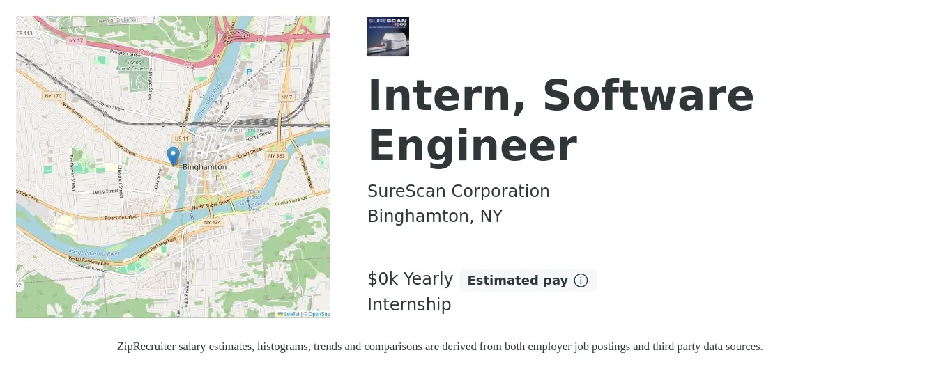 SureScan Corporation job posting for a Intern, Software Engineer in Binghamton, NY with a salary of $22 to $23 Yearly with a map of Binghamton location.