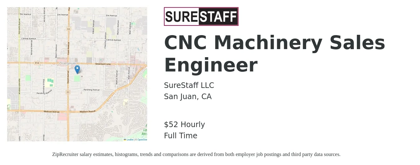 SureStaff LLC job posting for a CNC Machinery Sales Engineer in San Juan, CA with a salary of $55 Hourly with a map of San Juan location.