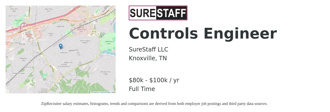 SureStaff LLC job posting for a Controls Engineer in Knoxville, TN with a salary of $80,000 to $100,000 Yearly with a map of Knoxville location.