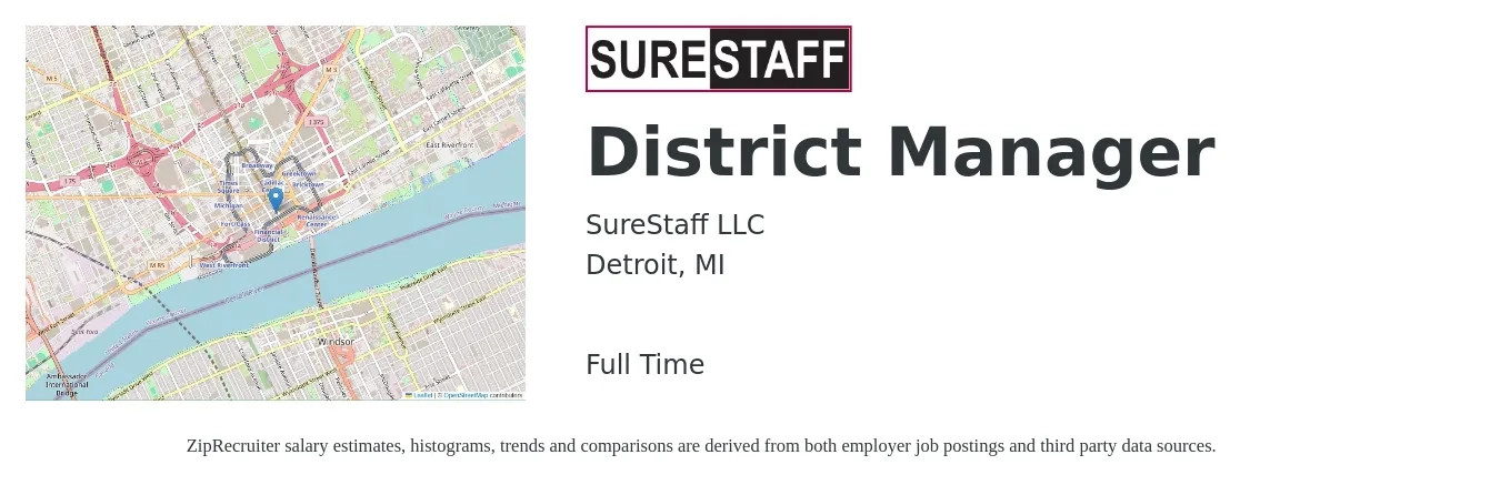 SureStaff LLC job posting for a District Manager in Detroit, MI with a salary of $63,900 to $91,100 Yearly with a map of Detroit location.