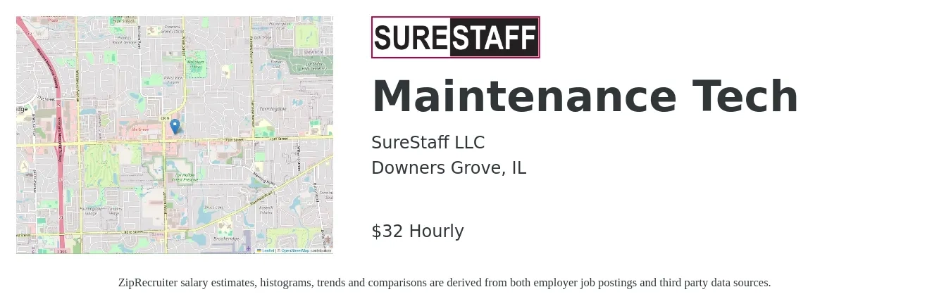 SureStaff LLC job posting for a Maintenance Tech in Downers Grove, IL with a salary of $36 Hourly with a map of Downers Grove location.