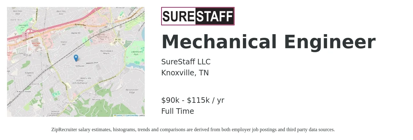 SureStaff LLC job posting for a Mechanical Engineer in Knoxville, TN with a salary of $90,000 to $115,000 Yearly with a map of Knoxville location.