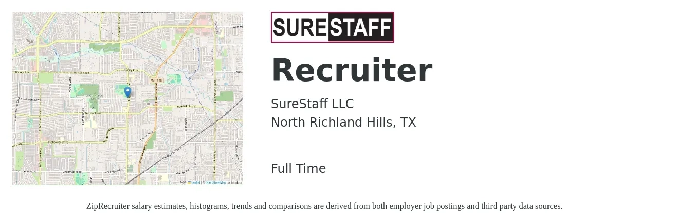 SureStaff LLC job posting for a Recruiter in North Richland Hills, TX with a salary of $16 to $21 Hourly with a map of North Richland Hills location.