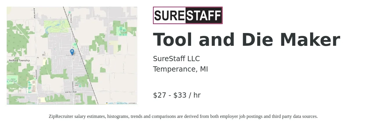 SureStaff LLC job posting for a Tool and Die Maker in Temperance, MI with a salary of $29 to $35 Hourly with a map of Temperance location.