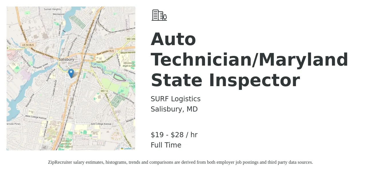 SURF Logistics job posting for a Auto Technician/Maryland State Inspector in Salisbury, MD with a salary of $20 to $30 Hourly with a map of Salisbury location.