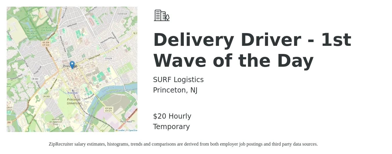 SURF Logistics job posting for a Delivery Driver - 1st Wave of the Day in Princeton, NJ with a salary of $22 Hourly with a map of Princeton location.