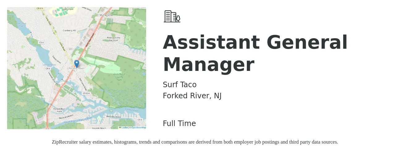 Surf Taco job posting for a Assistant General Manager in Forked River, NJ with a salary of $16 to $24 Hourly with a map of Forked River location.