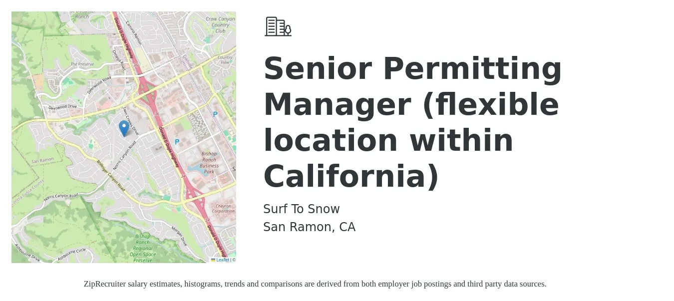 Surf To Snow job posting for a Senior Permitting Manager (flexible location within California) in San Ramon, CA with a salary of $140,000 Yearly with a map of San Ramon location.