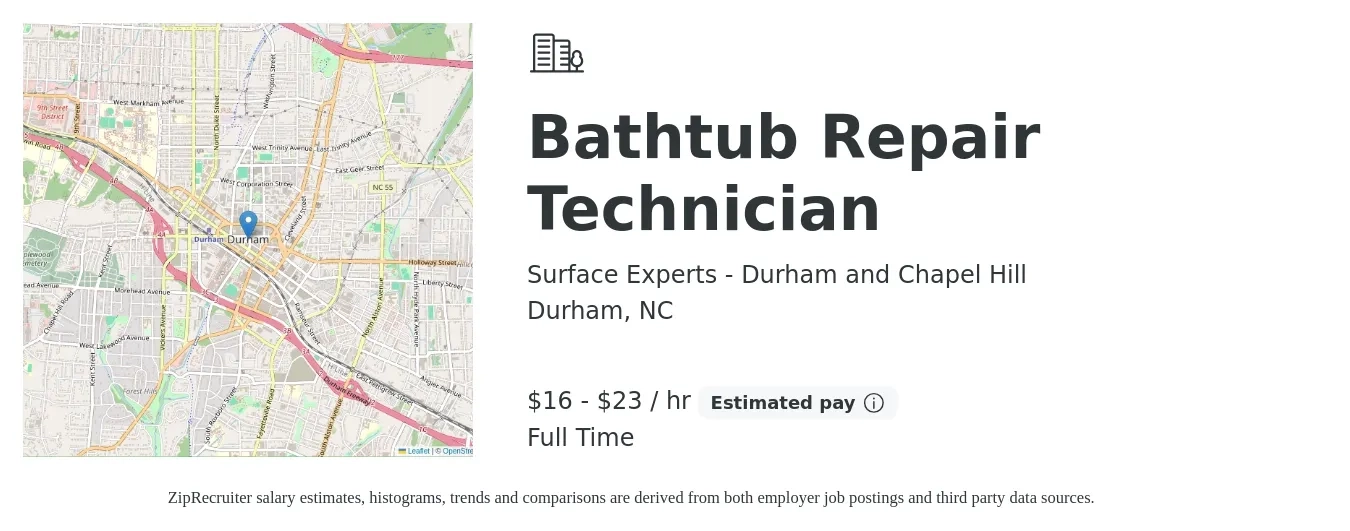 Surface Experts - Durham and Chapel Hill job posting for a Bathtub Repair Technician in Durham, NC with a salary of $17 to $24 Hourly with a map of Durham location.
