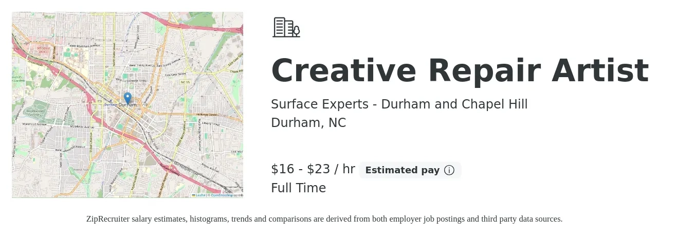 Surface Experts - Durham and Chapel Hill job posting for a Creative Repair Artist in Durham, NC with a salary of $17 to $24 Hourly with a map of Durham location.