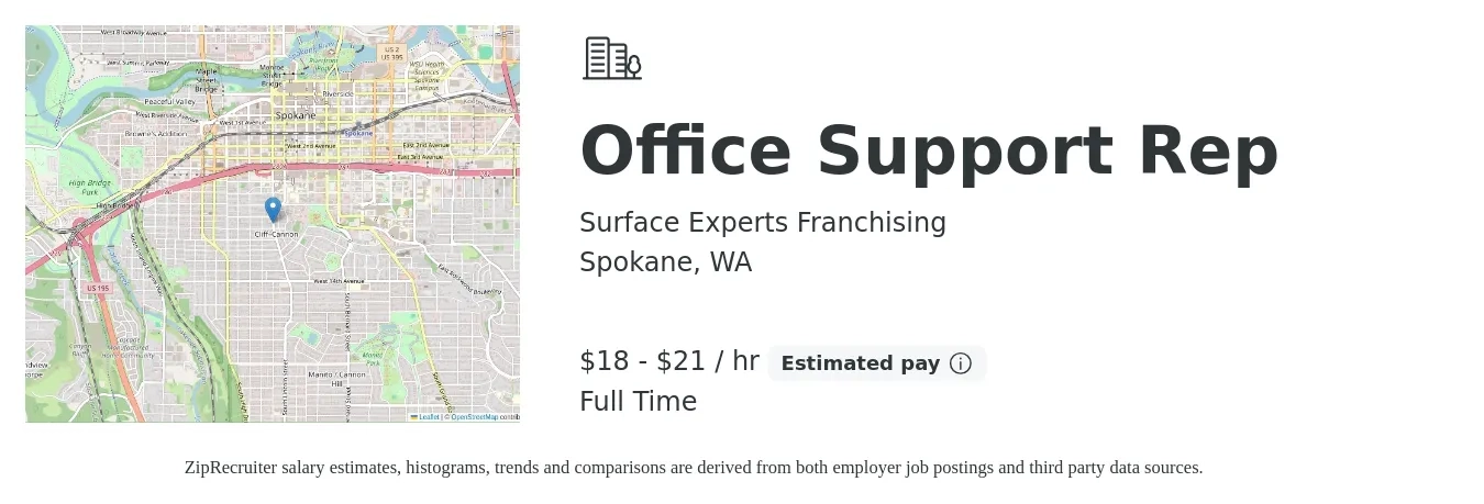 Surface Experts Franchising job posting for a Office Support Rep in Spokane, WA with a salary of $19 to $22 Hourly with a map of Spokane location.