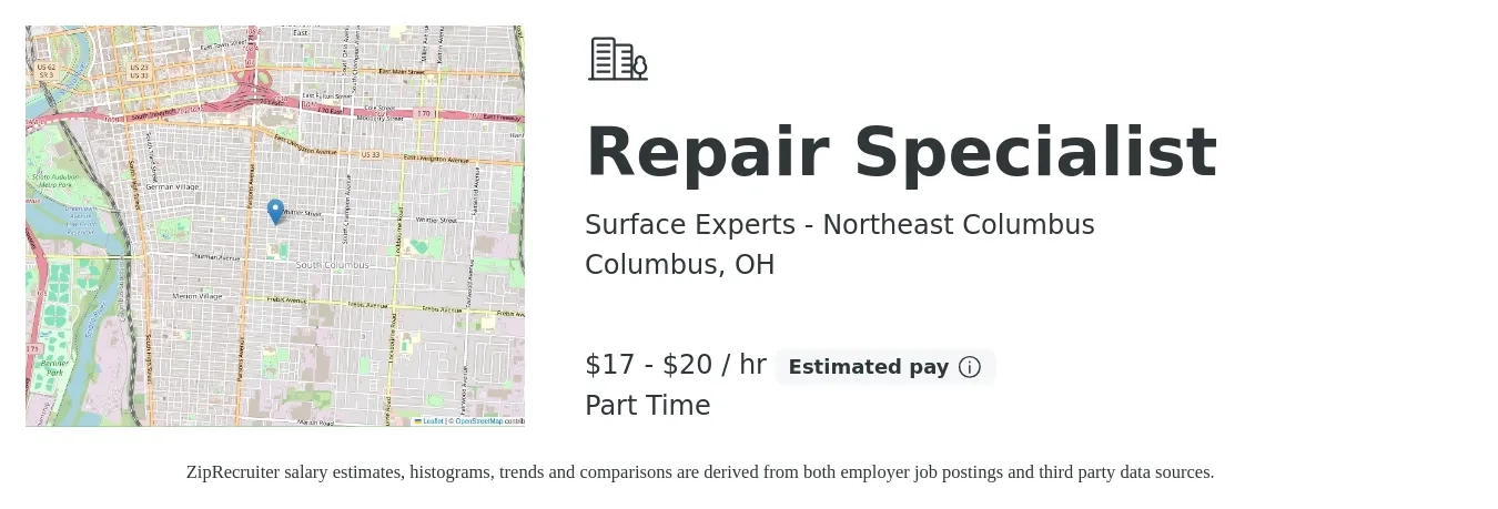 Surface Experts - Northeast Columbus job posting for a Repair Specialist in Columbus, OH with a salary of $18 to $21 Hourly with a map of Columbus location.