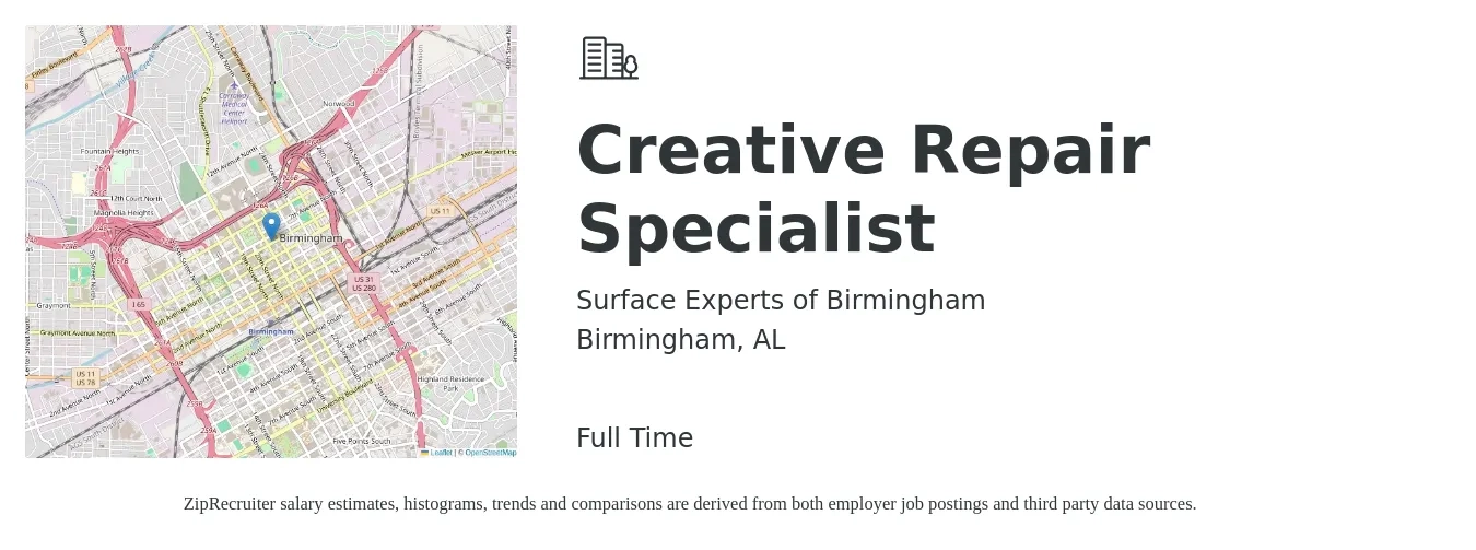 Surface Experts of Birmingham job posting for a Creative Repair Specialist in Birmingham, AL with a salary of $18 to $22 Hourly with a map of Birmingham location.