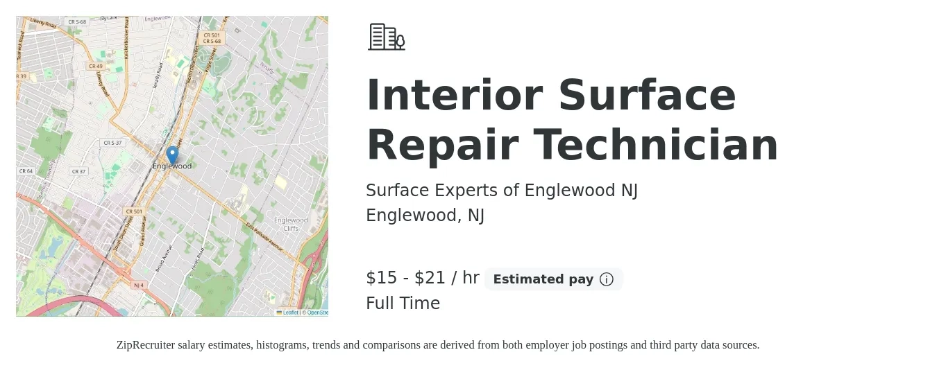 Surface Experts of Englewood NJ job posting for a Interior Surface Repair Technician in Englewood, NJ with a salary of $16 to $22 Hourly with a map of Englewood location.