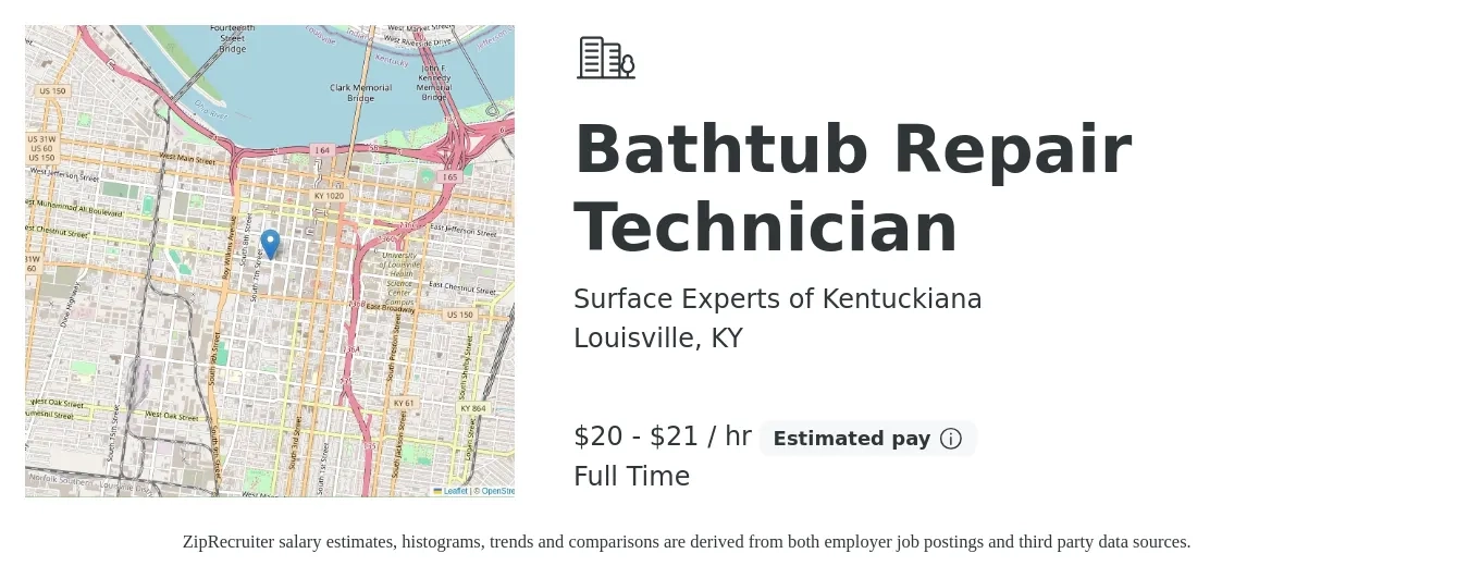 Surface Experts of Kentuckiana job posting for a Bathtub Repair Technician in Louisville, KY with a salary of $21 to $22 Hourly with a map of Louisville location.