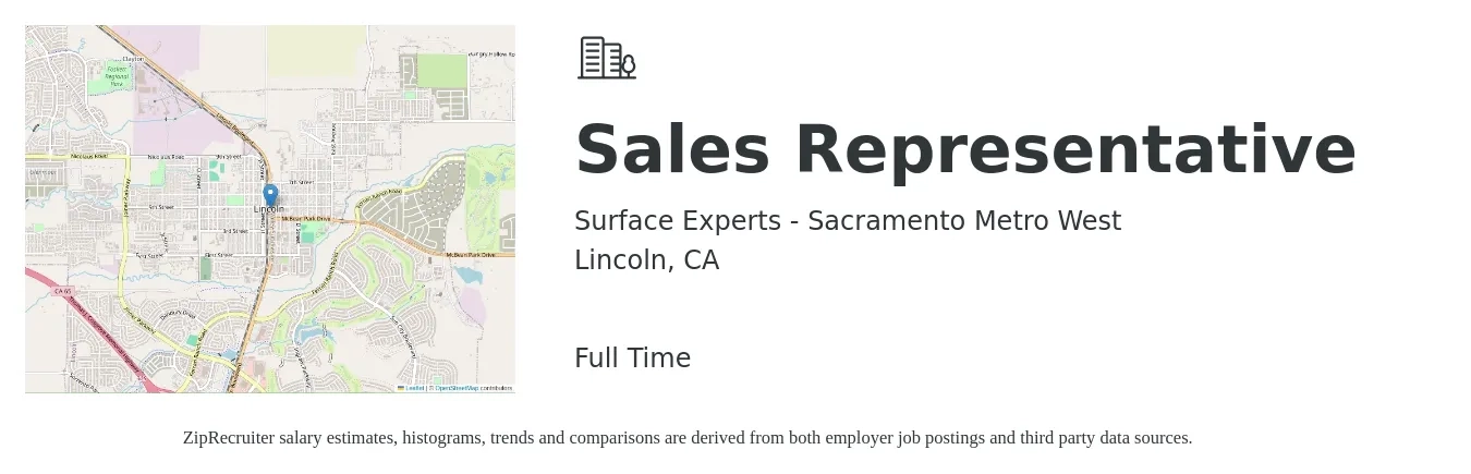 Surface Experts - Sacramento Metro West job posting for a Sales Representative in Lincoln, CA with a salary of $3,000 to $4,000 Monthly with a map of Lincoln location.