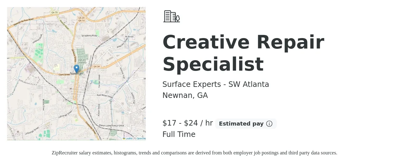 Surface Experts - SW Atlanta job posting for a Creative Repair Specialist in Newnan, GA with a salary of $18 to $25 Hourly with a map of Newnan location.