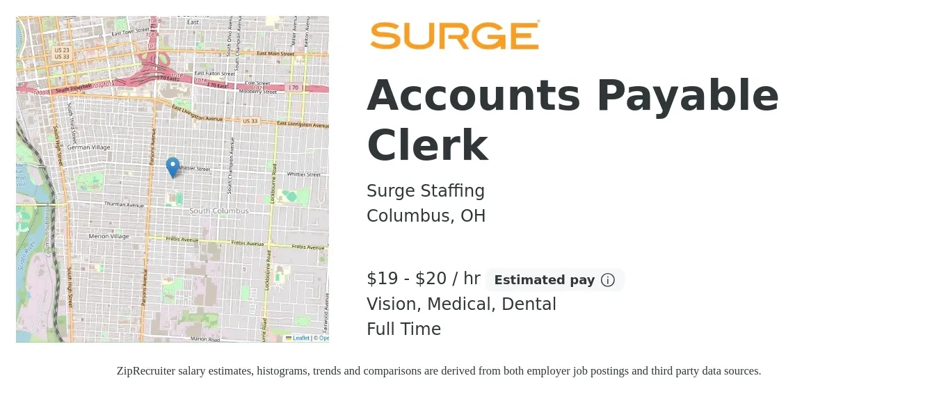 Surge Staffing job posting for a Accounts Payable Clerk in Columbus, OH with a salary of $20 to $22 Yearly with a map of Columbus location.