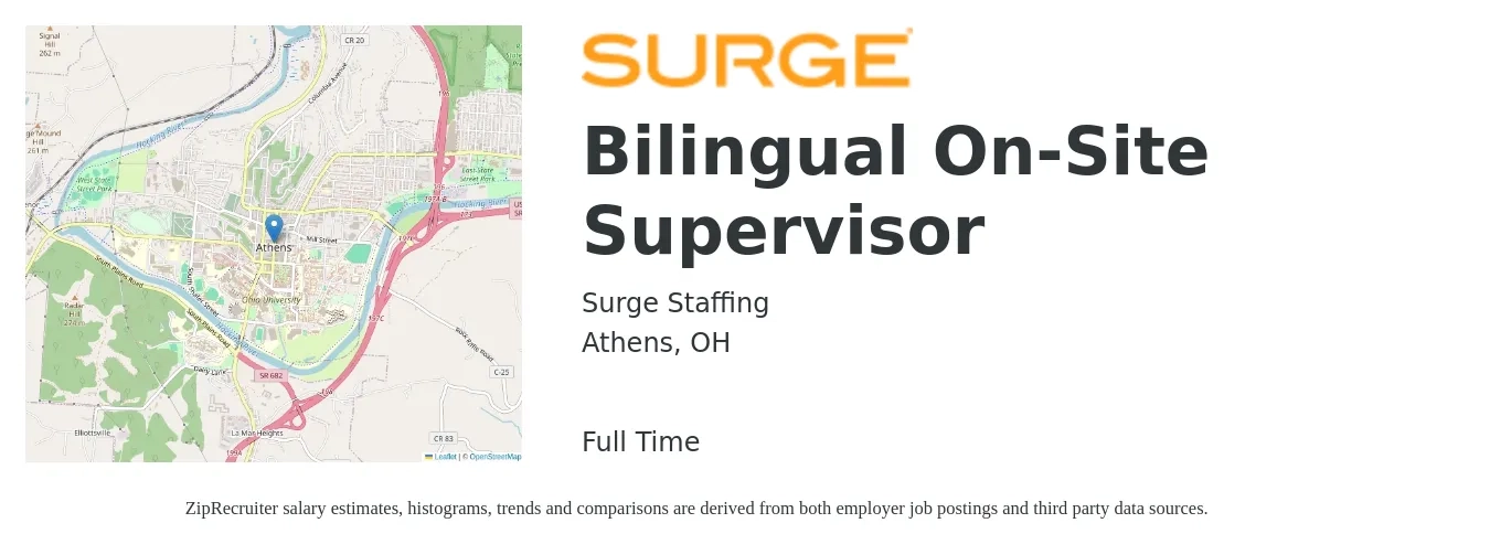 Surge Staffing job posting for a Bilingual On-Site Supervisor in Athens, OH with a salary of $47,500 to $115,000 Yearly with a map of Athens location.