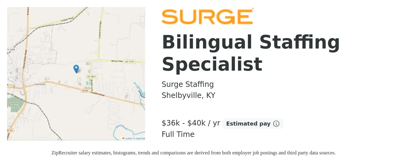 Surge Staffing job posting for a Bilingual Staffing Specialist in Shelbyville, KY with a salary of $36,000 to $40,000 Yearly with a map of Shelbyville location.