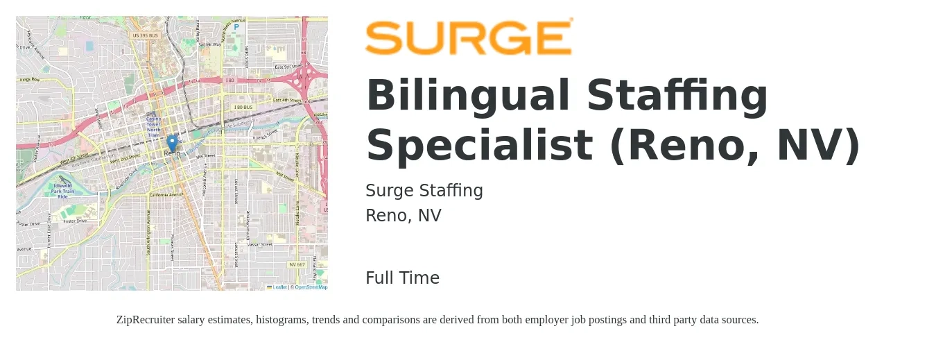Surge Staffing job posting for a Bilingual Staffing Specialist (Reno, NV) in Reno, NV with a salary of $17 to $22 Hourly with a map of Reno location.