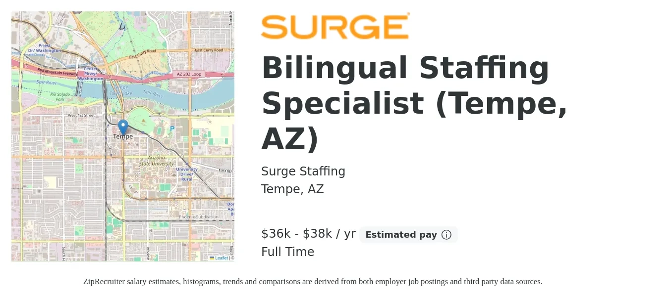 Surge Staffing job posting for a Bilingual Staffing Specialist (Tempe, AZ) in Tempe, AZ with a salary of $36,000 to $38,000 Yearly with a map of Tempe location.